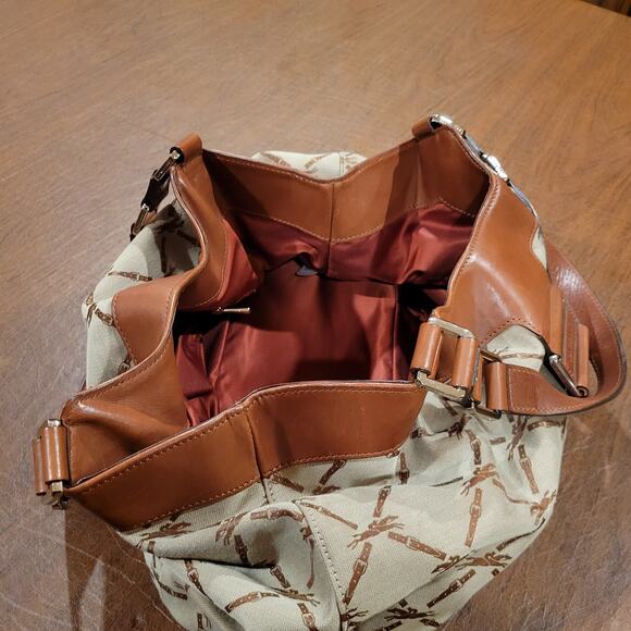 Rare Longchamp Logo Brown Jacquard & Brown Leather Hobo Shoulder Bag - Picture 6 of 16